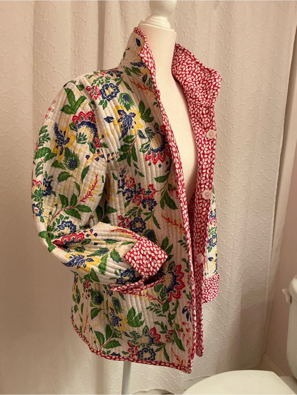 Reversible Quilted Floral Utility Jacket with Pink Trim